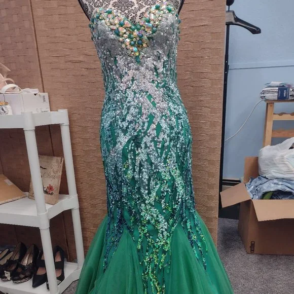 green mini dress revolve Teal Green Off Shoulder Sequin Top Satin Mermaid Evening Gowns Long Pr –  Wish Gown main image 1